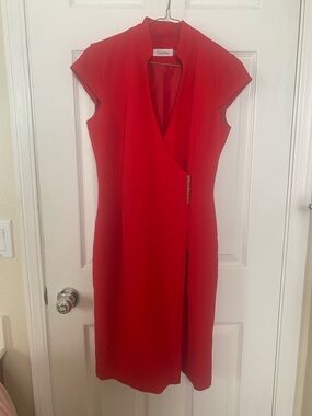 Calvin Klein Red Cap Sleeve Faux-Wrap Midi Dress